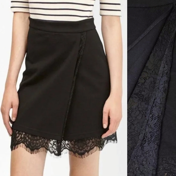 French Connection Y2K Black Floral Lace Trim Stretch Mini Skirt Size 12 - Picture 1 of 11